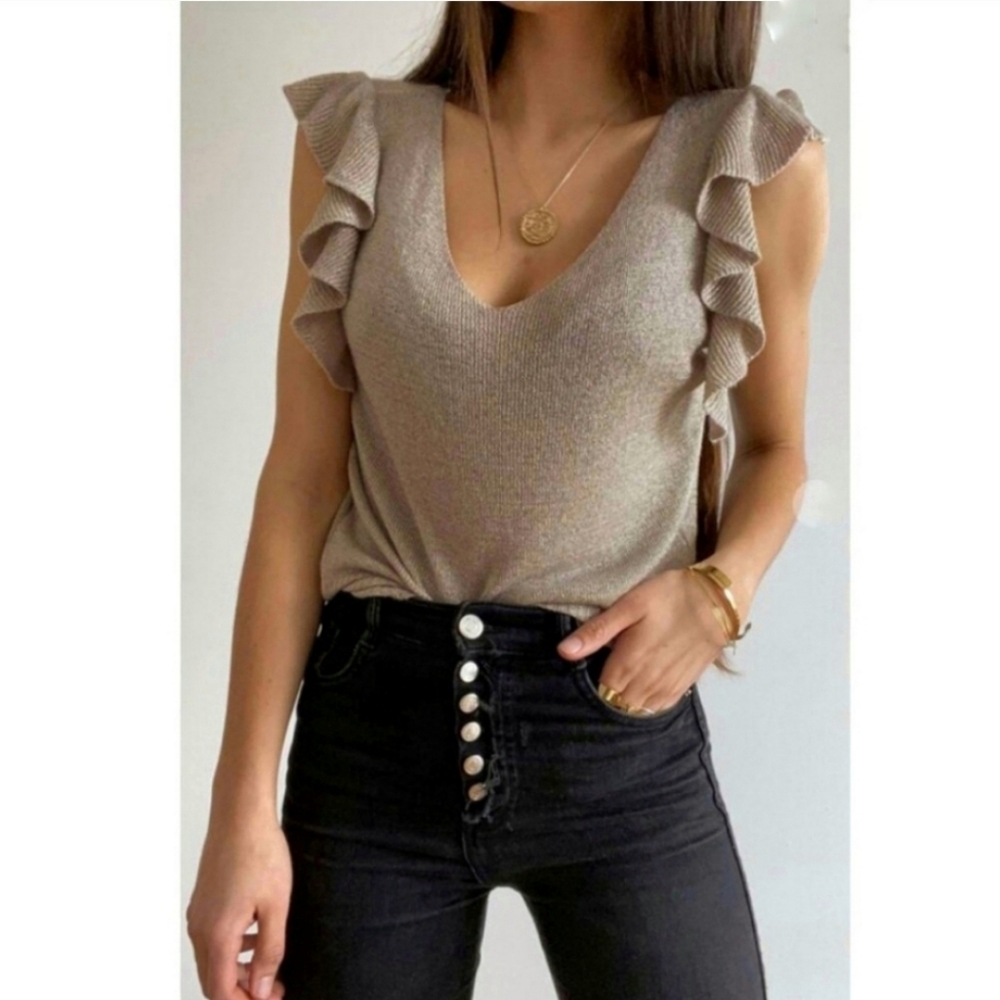 Khaki Knit Ruffle Sleeve Top
